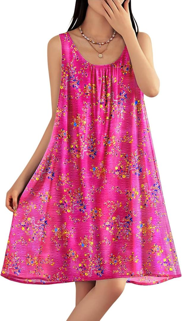 YESNO Summer Dresses for Women Casual Boho Floral Sundresses Sleeveless Scoop Neck Beach Tank Dresses EVS (Pink, M)