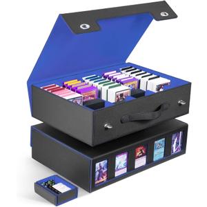 ZLCA Trading Card Storage Box 5-Row with Handle, MTG Storage Box Holds 3900+ Cards with Commander Display, Top Loaders Organizer Case for TCG PTCG Sport Card(Black&Blue)