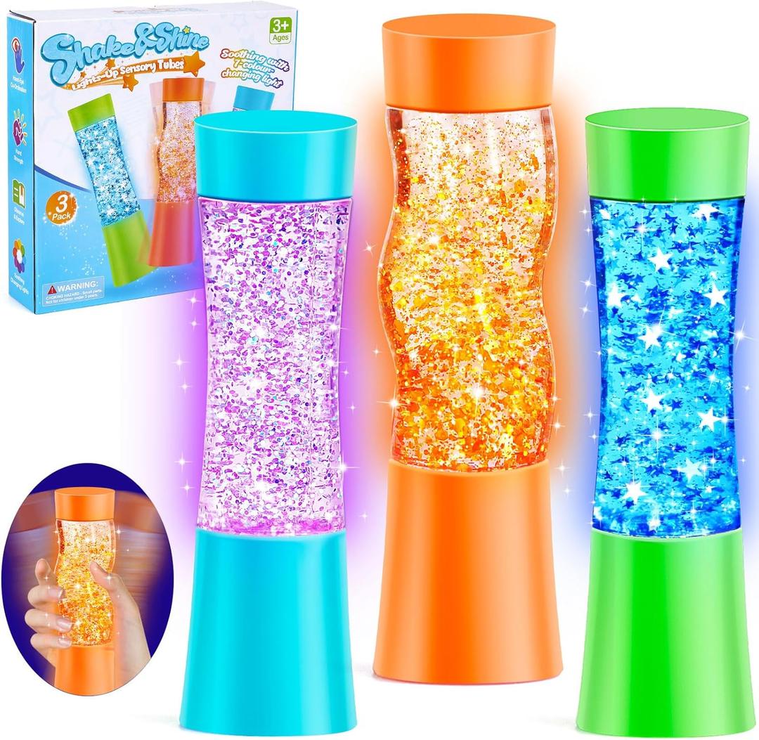 Subao 3 Pack Light Up Sensory Tubes Anxiety Relief Items,Fidget Toys for Kids & Adults,Sensory Toys for Kids with Autism Calm Down Corner Supplies,Preschool & Kindergarten Classroom Must Haves