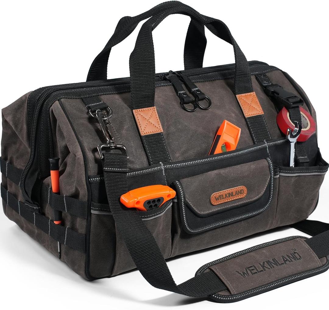 WELKINLAND 18 Inch Waxed Canvas Tool Bag, 28-Pocket Electricain Tool Bag | Heavy Duty Tools Bag, Large-Opening Electrician Bag, Quick-Access HVAC Tools Bag, Tool Bags For Men, Electrical Tool Bags
