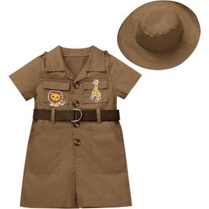 Baby Safari Outfit Wild One Birthday Outfit Girl Short Sleeve Safari Jumpsuit with Hat Toddler Zoo Keeper Outfit (18-24 Months, Brown)