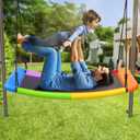 Trekassy Swing Sets for Backyard, 440lbs Heavy Duty A-Frame Metal Stand with 60" Large Platform Swing for Outdoor Playground ParkGreen/Tan Frame + Rainbow Swing(Patented)