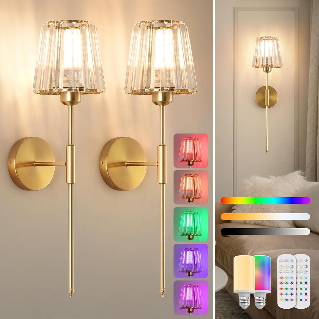 Battery Operated Crystal Wall Sconces Set of 2, Wireless Wall Lamp with RGB Rechargeable Dimmable Bulbs, Gold Wall Sconce with Remote for Bedroom, Living Room (Bulbs Included)