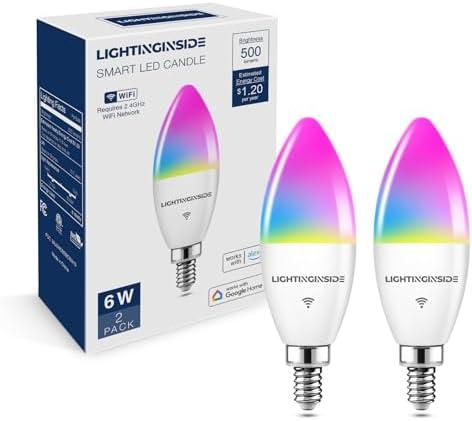 Lightinginside E12 Smart Light Bulbs 60W Equiv., Work with Alexa/Google Home/Smart Life, 500LM 6W RGBCW Candle Candelabra LED Light Bulbs, No Hub Required, 2.4G WiFi Bluetooth Bulb, ETL Listed, 2PCS