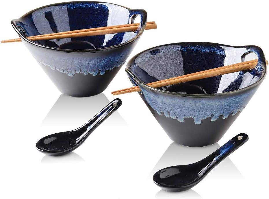 KOOV Porcelain Japanese Ramen Bowls with Chopsticks and Spoons, 26 Ounce, Deep Pho Bowl, Reactive Glaze (Blue Galaxy), Set of 2