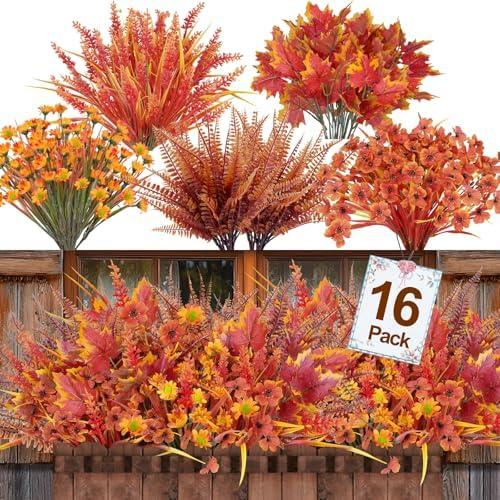 TURNMEON 16 Bundles 5 Styles Artificial Fall Flowers for Outdoors Fall Decor, Fake Mums Fall Plants UV Resistant No Fade Boston Fern Orange Daisy Maples Leaf Picks Autumn Thanksgiving Outside Home
