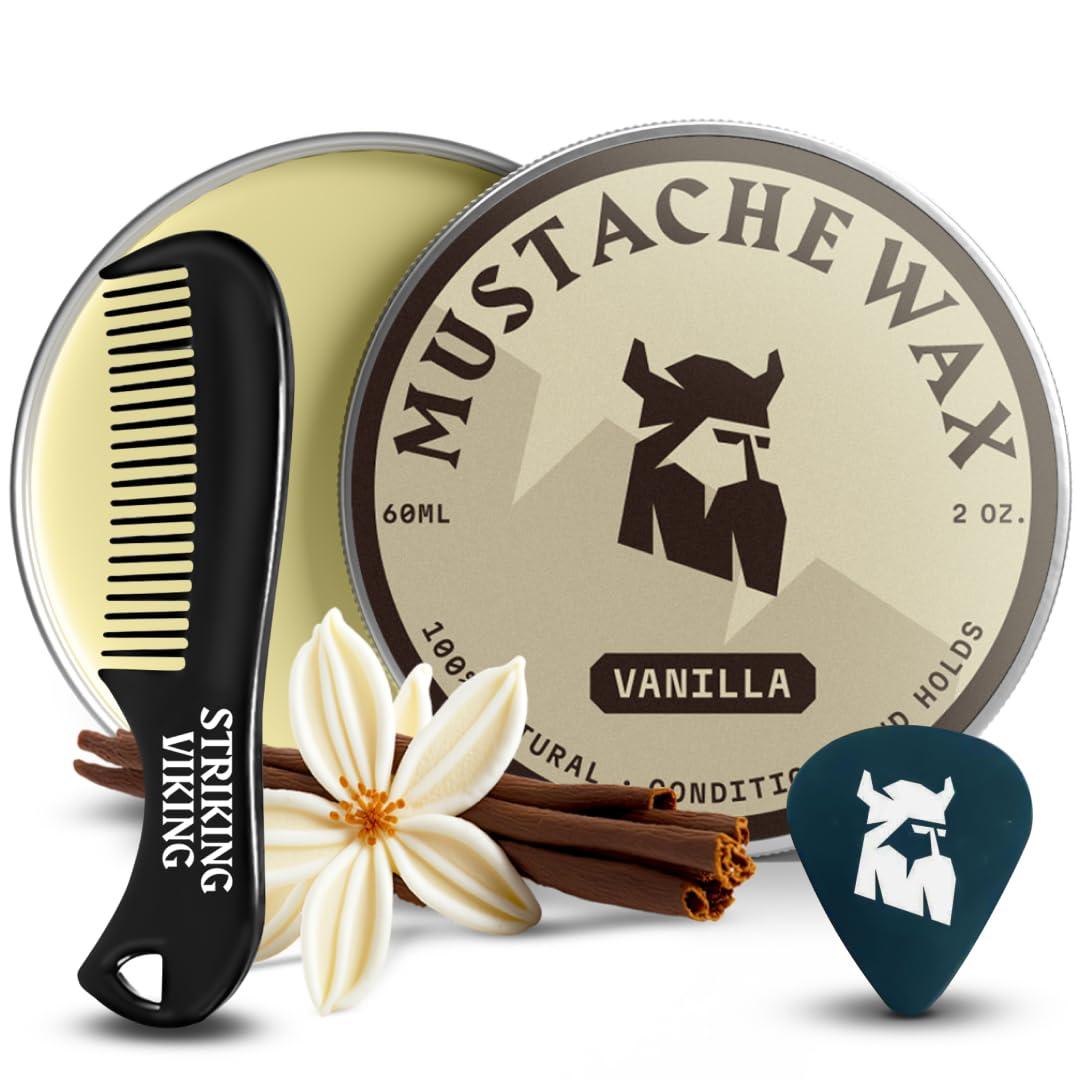 Striking Viking Mustache Wax & Comb Kit - 2 Oz, Medium/Strong Hold, Vanilla Scent, 1 Pocket Comb - Mustache Grooming Kit for Men - Moisturize, Tame & Style - Non-Greasy, with Beeswax (2 Ounce (Pack of 1))