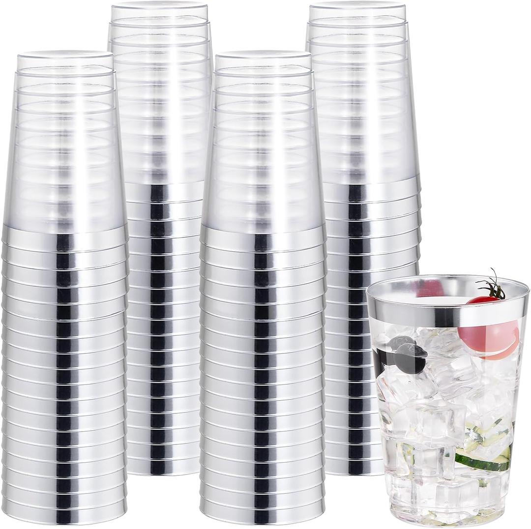 I00000 50 Pack 12 oz Silver Plastic Cups, Silver Rimmed Disposable Cups, Party Wine Glasses Disposable Cocktail Glasses Heavy Duty Cups with Silver Rim, 12 Ounce Plastic Tumblers For Party
