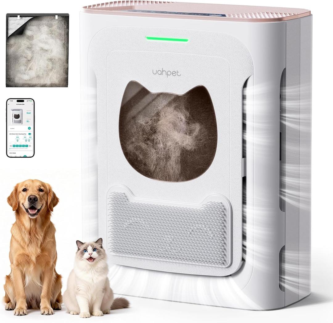 uahpet Pet Air Purifier for Home, Reduce Pet Hair, Dander, Odors, Dust, Smoke for Large Rooms up to 2100 Ft, Air Cleaner with H13 HEPA, Washable Pre-Filter & Air Quality Monitor, White+Pink