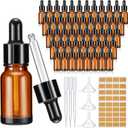 Lallisa 100 Pack Essential Oil Dropper Bottle 10 ml (1/3 Oz) Glass Dropper Bottles DIY for Diy essential Oil Perfume with 5 Funnels 5 Pipettes 3ml 100 Labels for Bathrooms, Hotels, Labs (Amber)