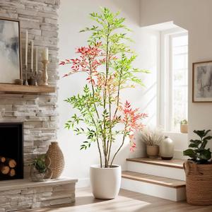 Tall Fake Bamboo Tree Large Artificial Nandina Trees Indoor Outdoor Realistic Floor Plant Faux Plastic Plants Flowers for House Home Living Room Bedroom Office Front Porch Modern Farmhouse Decor (6ft 7in, Multicolor)