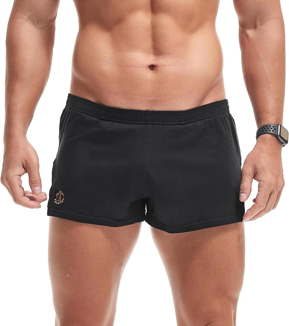 AMY COULEE Mens Cotton Gym Shorts Bodybuilding Lifting Lounge Split Shorts Lightweight Sleep Bottoms (X-Large, Black-unlined)