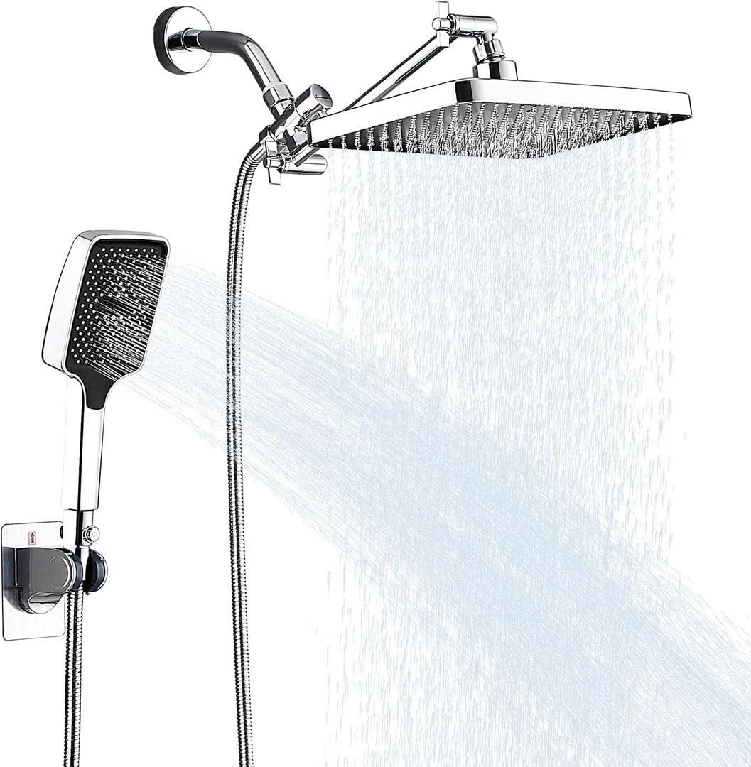 Shower Head with Handheld Water Spra High Pressure Showerhead Combo with Arm for Bathroom Accessorie Home Decor Adjustable Dual Shower with Anti-Clog Nozzles Silver Chrome