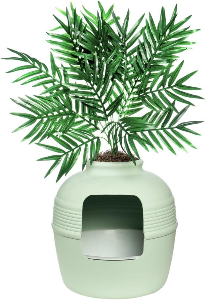 Good Pet Stuff Hidden Cat Litter Box Enclosure with Artificial Plant, Decorative Round Planter, Removable Tray, Charcoal Filter Odor Control, Easy-to-Clean, Made in USA, Essentials Kit, Green