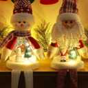 Juegoal 2 Pack Lighted Christmas Santa & Snowman with Dangling Legs, 24" Handmade Plush Figurines with Miniature Xmas Scenes in Belly, Battery Operated Tabletop Dinner Party Ornaments