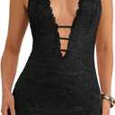 SweatyRocks Women's Sexy Deep V Neck Lace Halter Mini Dress Open Back Bodycon Club Dresses Rave Outfits (Black, L)