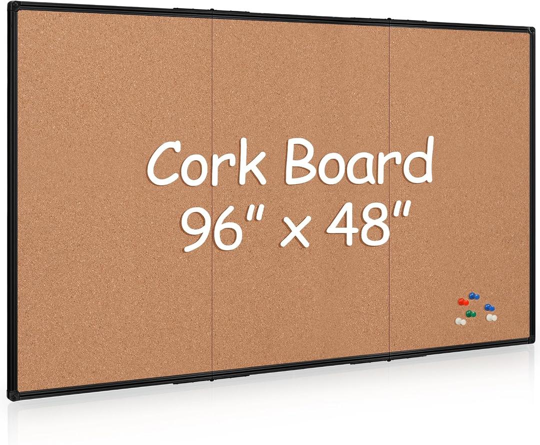 Board2by Extra Large Cork Bulletin Board 96" X 48", Foldable Notice Pin Board for Wall, Black Aluminum Framed 8'x4' Corkboard, Wall Mounted Noticeboard with 36 Push Pins for School, Home & Office