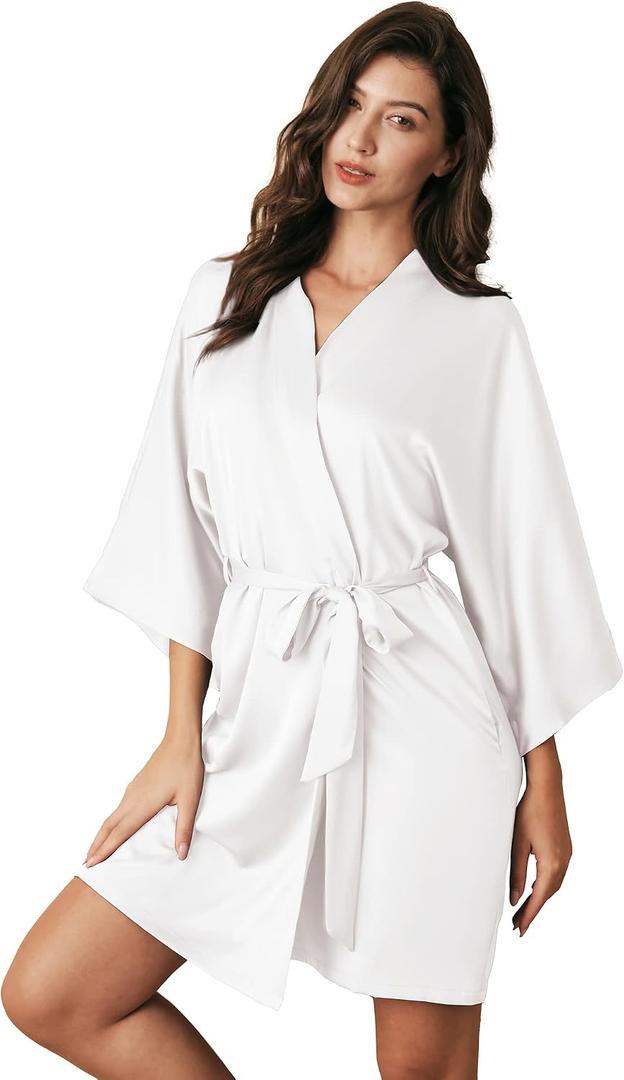 AW BRIDAL Large White Silk Robes for Bride and Women, Satin Kimono Robe with Long Sleeves, Short Bridesmaid Robes for Wedding Getting Ready, Sexy Silky Kimono Bathrobe, L