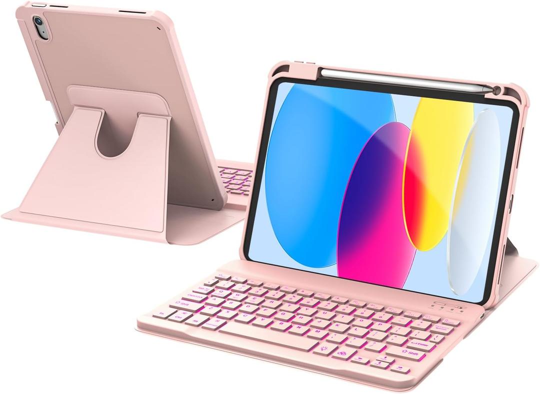 for iPad 11th(A16, 2025)/10th Generation Case with Keyboard, 360 Rotatable Case & Detachable Backlit Keyboard, Precision Cutouts and Pen Holder for iPad A16 11''/10th 10.9'', Light Pink