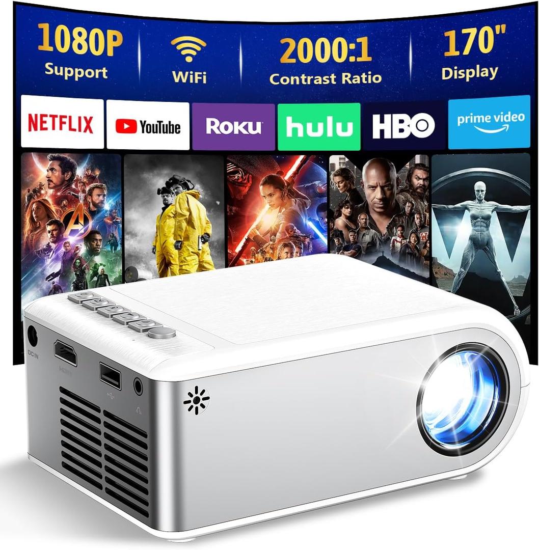 DZA Mini Projector with WiFi, Outdoor Portable Projector Supports 1080P with Synchronize Smartphone Screen for iPhone, Movie Projector for Home Theater Compatible with iOS/Android/PC/TV Stick/HDMI