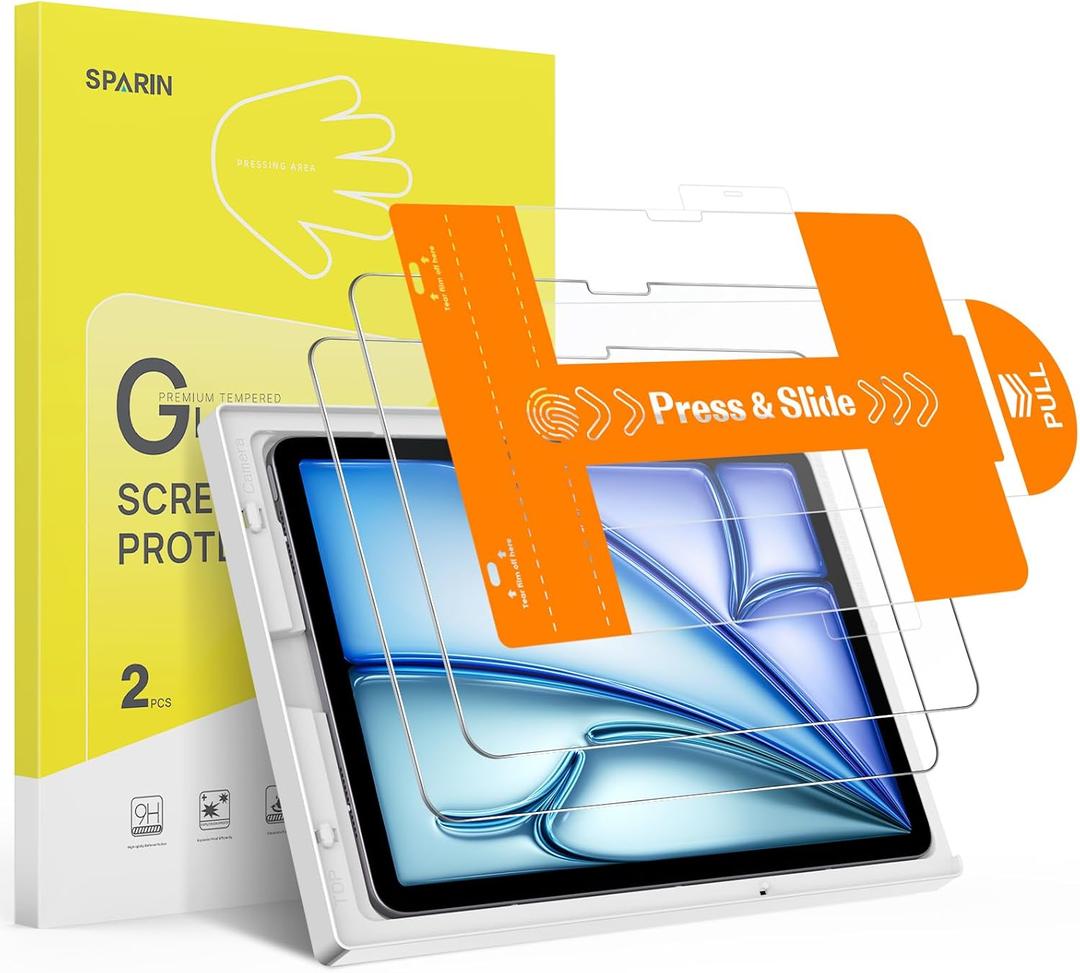 SPARIN 2 Pack Screen Protector for iPad Air 11 Inch M3/M2 (7th /6th Generation, 2025/2024), Tempered Glass for iPad Air 7/6 Gen with Easy Installation Tray, Apple Pencil Pro Compatible, Case Friendly