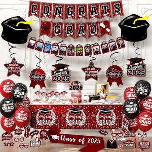 Graduation decorations class of 2025,graduation photo booth props,Balloons of number 2025,Hanging Swirls,tablecloth,cake topper,Sash for men women graduation party decorations (Maroon)