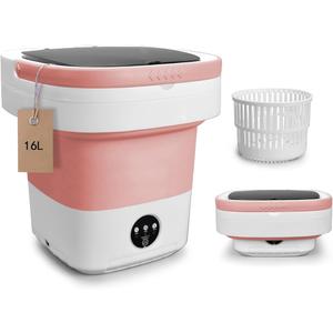 Portable Mini Washing Machine, 16L Foldable Washer and Dryer with 3 Modes Deep Cleaning, Upgraded Small Collapsible Laundry for Hotel, Apartment, Home and Travel  Pink