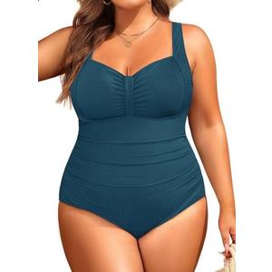 Aqua Eve Plus Size One Piece Swimsuit for Women Tummy Control Bathing Suit Ribbed Swimwear 22W