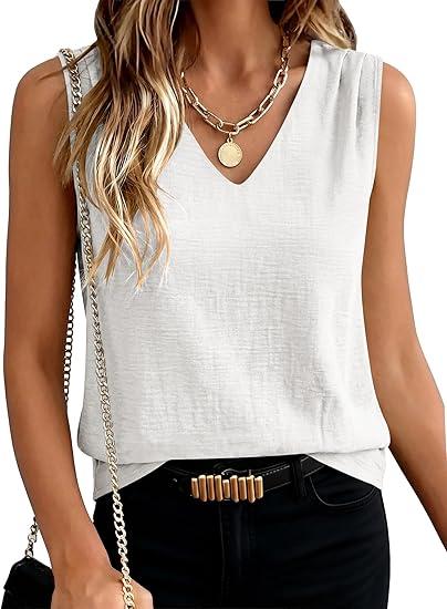 ANRABESS Womens V Neck Tank Tops Wrap Banded Hem Shirts Sleeveless Ruched Going Out Blouse 2026 Summer Fashion Clothing White XX-Large