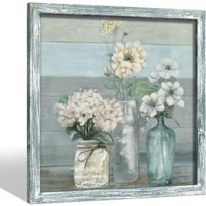 Flower Wooden Framed Wall Art: Abstract White Floral Bossom in Vase Picture Elegant Bouquet Painting Magnolia Artwork Rustic Botanical Prints for Bedroom Living Room Bathroom