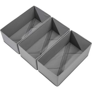 Sock Drawer Organizer 3 Pack - Collapsible Fabric Storage Bins for Underwear Divider, Small Closet Organizers with 3 Compartments, Gray