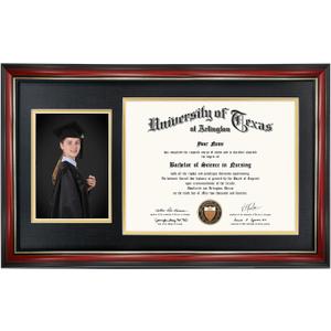 GraduationMall 11x19 Cherry Diploma and Photo Frame for 8.5x11 Certificate,5x7 Picture,Tempered Glass,Black over Gold Double Mat