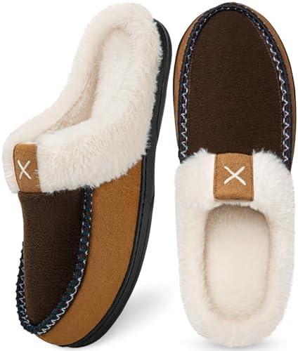 Homitem Mens Slippers Moccasins Memory Foam Fuzzy Slippers for Men Wool-Like Plush Fleece Lined House Shoes Indoor Outdoor Anti-Skid Rubber Sole Home Bedroom, Size 44/45