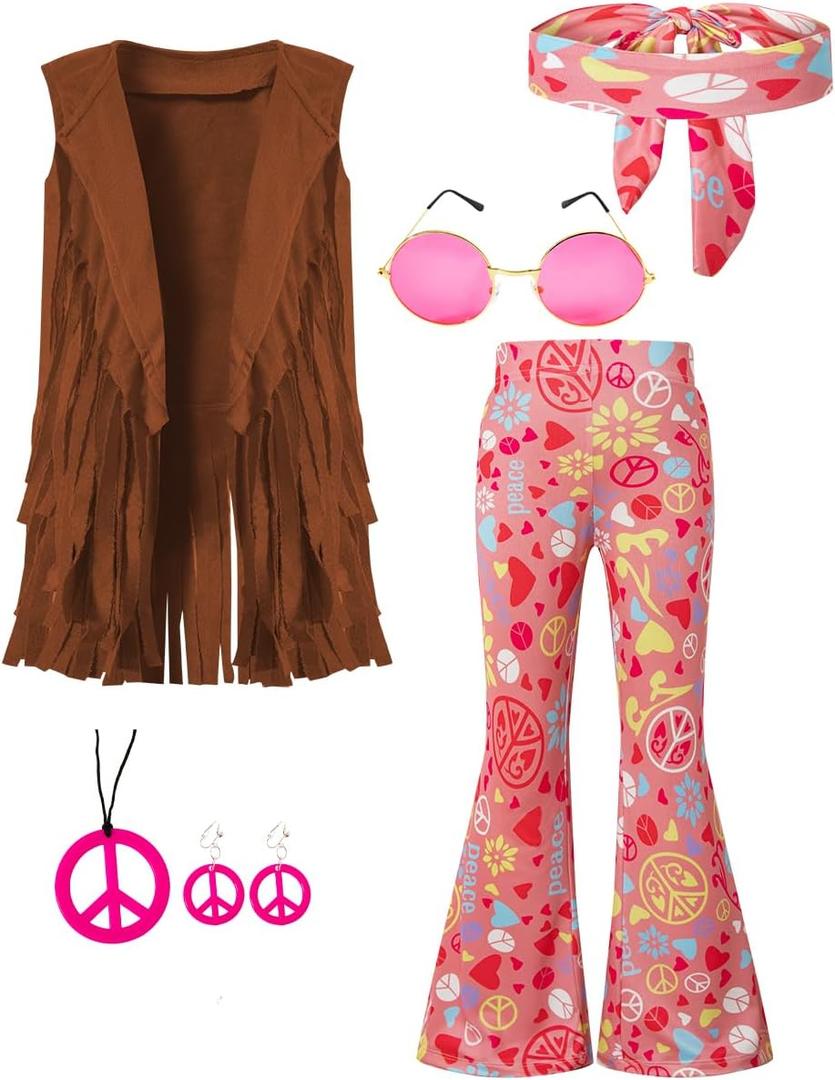 60s 70s Hippie Outfits Kids Girls Costume Fringe Vest Peace Flared Pants Accessories Set (12-14 Years, Brown)