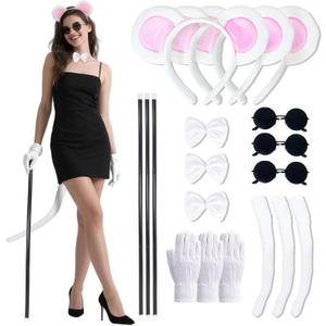 3 Set Mice Costume Accessories, Plush Mouse Ears & Tail Blind Cane Sunglasses Bow Tie Gloves for Women Family Halloween Party (White)