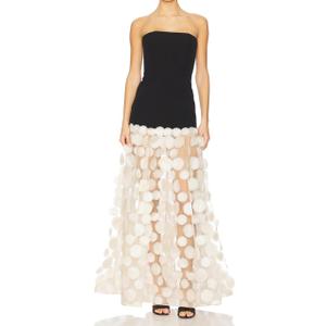 Women's Natural Strapless Dress Bustier Slim Black Top Splicing White Polka Dot Net Yarn Gown (Medium)