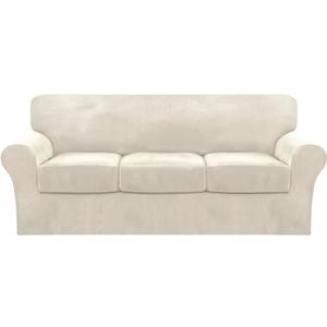FantasDecor 4 Piece Sofa Velvet Couch Covers for 3 Cushion Stretch Slipcover with Individual Seat Cushion Elastic Furniture Protector for Pets, Machine Washable (Sofa, Ivory)