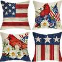 Fjfz 4th of July Cardinal Decorative Throw Pillow Covers 20 x 20 Set of 4, Patriotic America Red Birds Daisy Pansy Flower Outdoor Home Decor, American USA Floral Farmhouse Couch Cushion Case