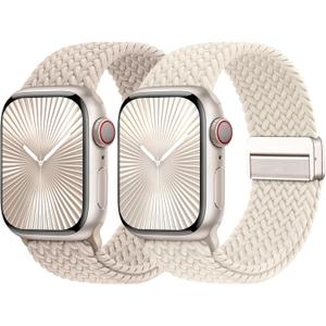 Braided Stretchy Bands with Magnetic Clasp Compatible for Apple Watch Band 38mm 40mm 41mm 42mm 44mm 45mm 46mm 49mm Women Men, Soft Nylon Sport Solo Loop for iWatch Series 10 9 8 7 6 5 4 3 Ultra 2 1 SE (Starlight/Milk Tea)