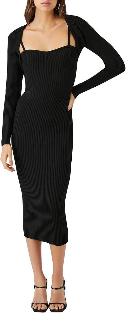 Forever 21 Women's Midi Dress & Shrug Sweater Set (Medium, Black)