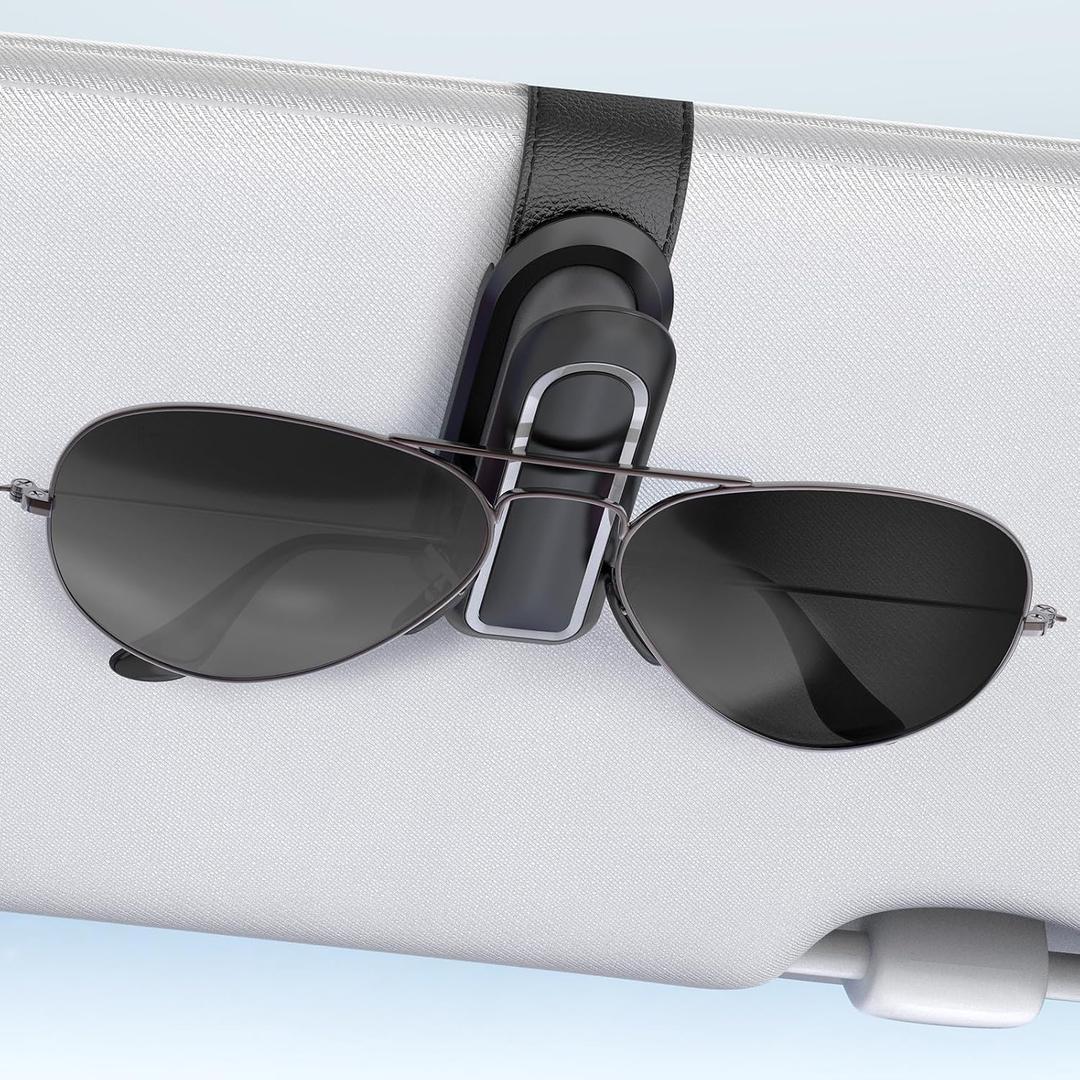 Veharvim Sunglass Holder for Car (2 Pack, One-Handed Operation, Gentle & Secure Hold, Silicone Padded, Universal Fits Sunglass and Car Visor) - Sunglasses Clip for Car Visor (Black & Silver, 1 Pack)