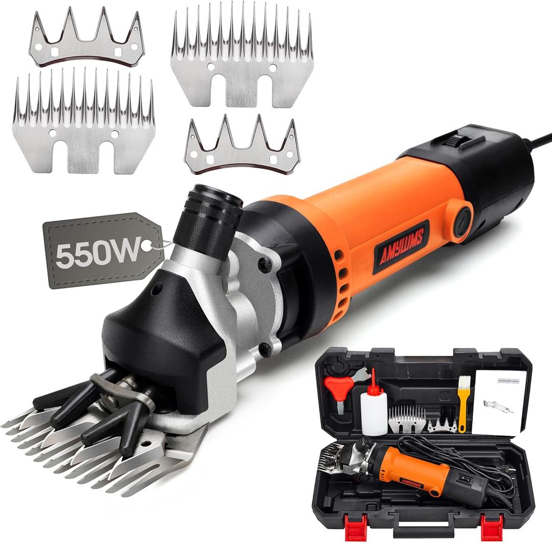 Amywms Sheep Shears Electric 550W - Professional Sheep Clippers Two Blades, 6 Speed Heavy Duty Livestock Haircut for Grooming Sheep Goats Large Dog Thick Coats Animals with Lubricant (Orange)