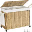 SONGMICS Laundry Hamper with Lid, 55.4 Gallons (210 L), Rolling Laundry Basket with Wheels, 4-Section Synthetic Rattan, Removable Liner, Bedroom, 33.9 x 15.7 x 26 Inches, Natural Color ULCB460Y01