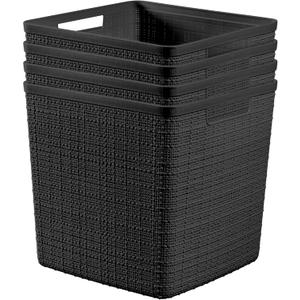 Curver Set of 4 Jute Large Cube Decorative Plastic Organization and Storage Baskets, Perfect Bins for Home Office, Closet Shelves, Kitchen Pantry and All Bedroom Essentials, Black