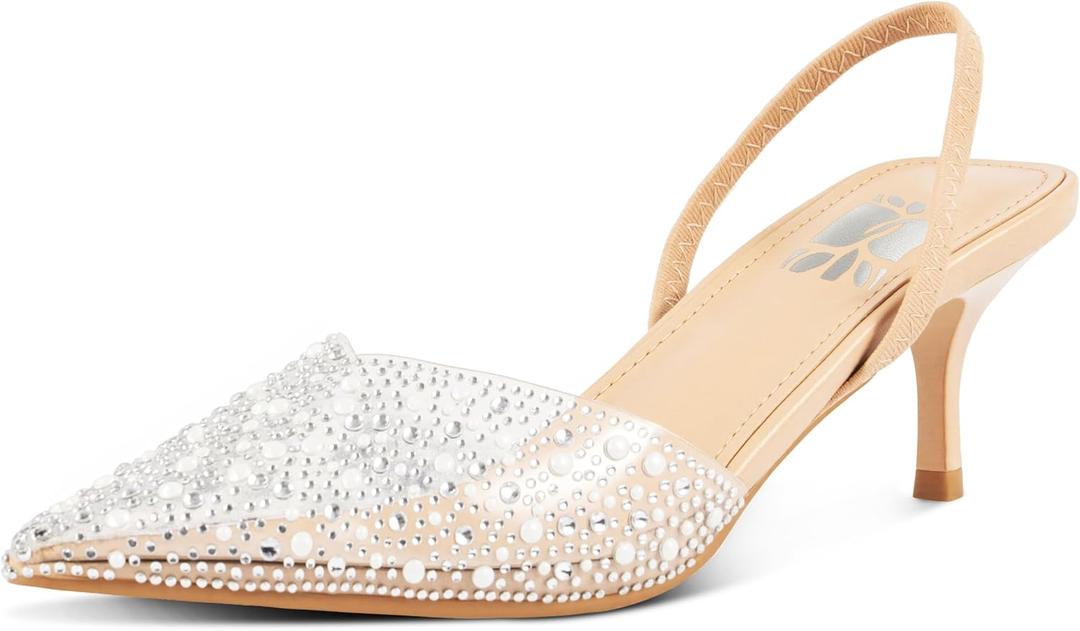 Clear Slingback Heels for Women,Pearl Kitten Heels Sparkly Rhinestone Sandals Pointy Toe Wedding Dress Shoes (8, Apricot)