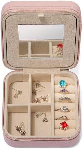 2 x Mini Jewelry Travel Box, Italian Velvet Travel Jewelry Storage Box, Small Portable Jewelry Storage Rack, Jewelry Box with Mirror Beads, Women's Travel Jewelry Box, Gift Box (with Mirror)