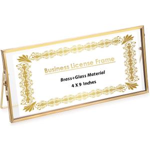 JUXYES Tabletop Business License Frame Brass License Certificate Display Frame, Double Glass Floating Diploma Frames, Desktop Golden Graduation Frames for 4x9 and 3.5x8.5 Certificate Business