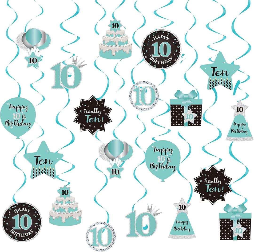 Happy 10th Birthday Party Hanging Swirls Streams Ceiling Decorations, Celebration 10 Foil Hanging Swirls with Cutouts for 10 Years Teal Silver Black Blue Birthday Party Decorations Supplies