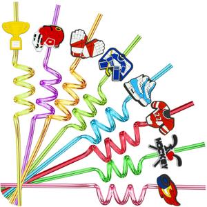 24 pcs Ice Hockey Theme Twisty Reusable Straws for Ice Hockey Sports Party Favors, Daily Drink Straws, Birthday Party, Class Reunion, Sports Hockey Party Supplies with 2 Cleaning Brush.8color