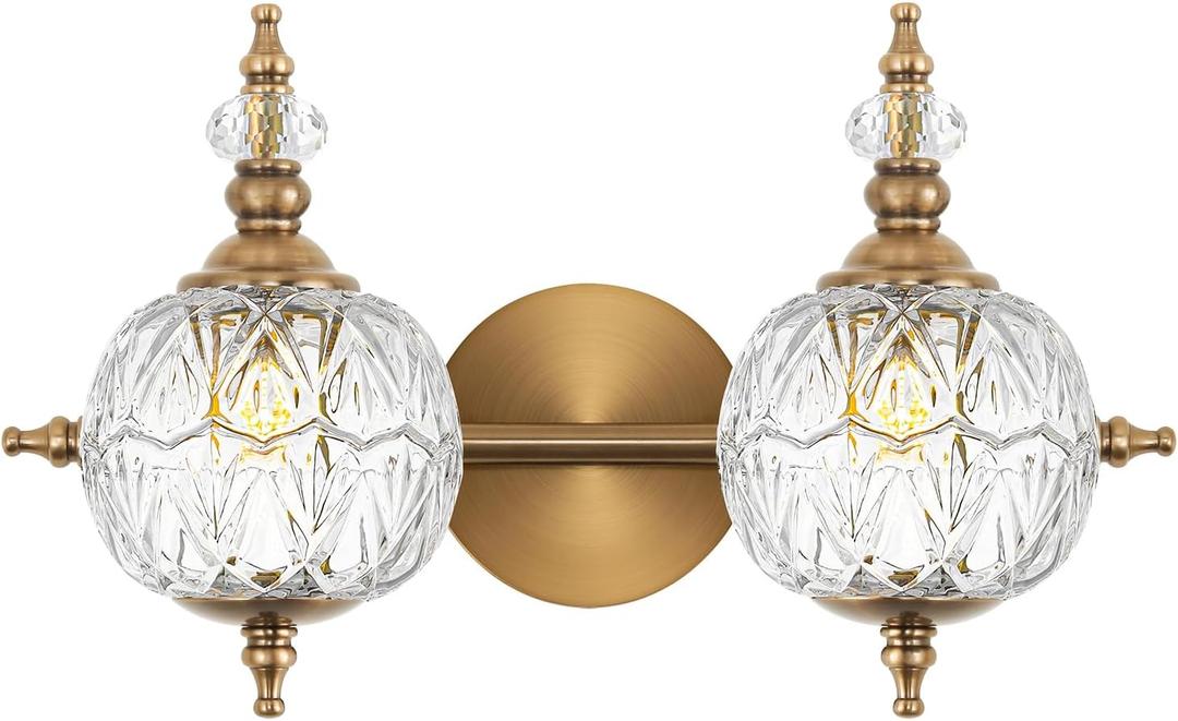 Brushed Antique Brass Bathroom Vanity Light Fixture Vintage Style - 2 Light G9 Bulb Compatible, 17" Wide Bathroom Lighting Over Mirror with Hand-Etched Glass Shades, Easy Mount for Makeup Area